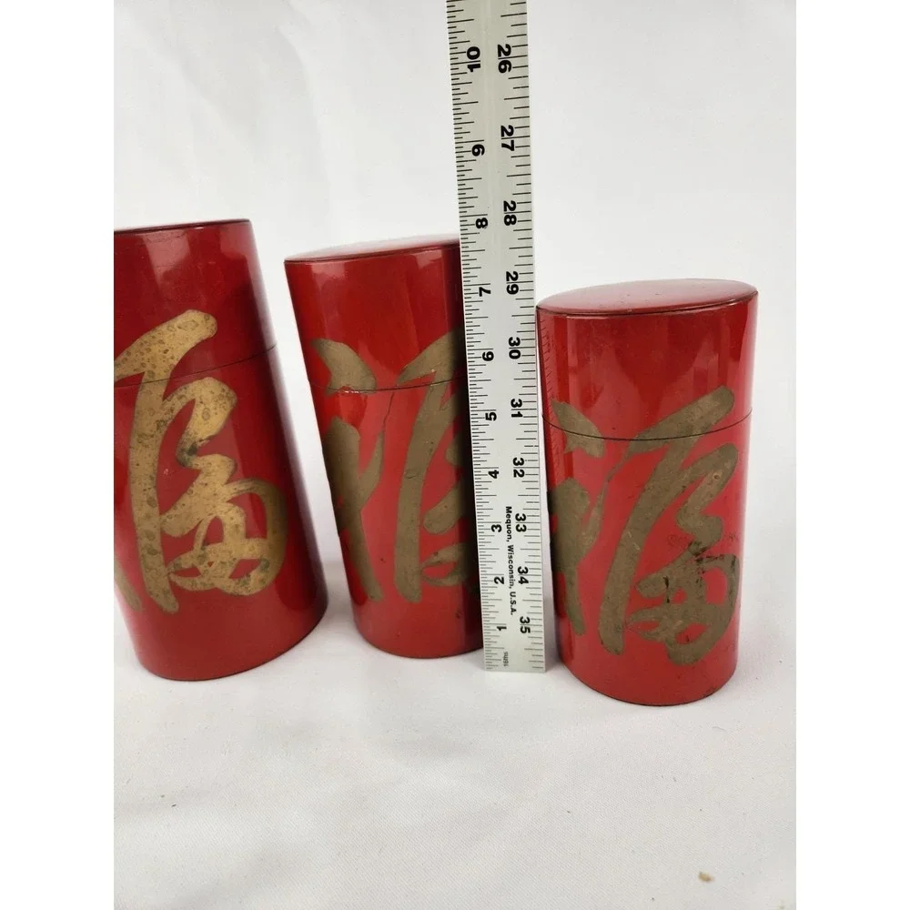 Vintage‎ Metal Nesting Canisters Set 3 Japanese Tole Tea Japan Red Hand Painted